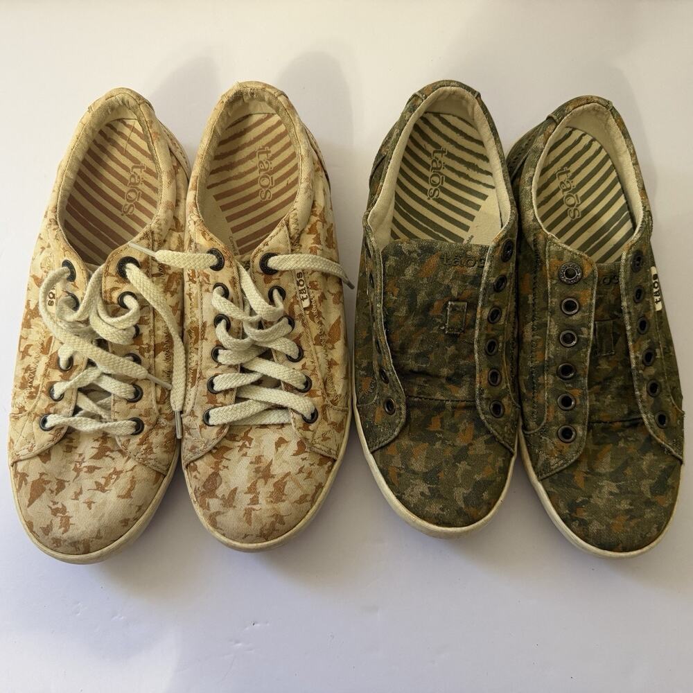2 Pairs Taos Canvas Sneakers Camouflage Camo Tan Green Lace Up Women’s Size 9